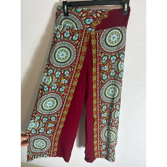 Kathmandu Imports Pants - Kathmandu Imports Boho Mandala Wrap Wide Leg Pants Burgundy Teal Festival Hippie